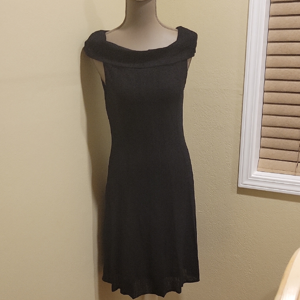 Etcetera Black Sheath Dress with Cowl Neck Cap Sleeves